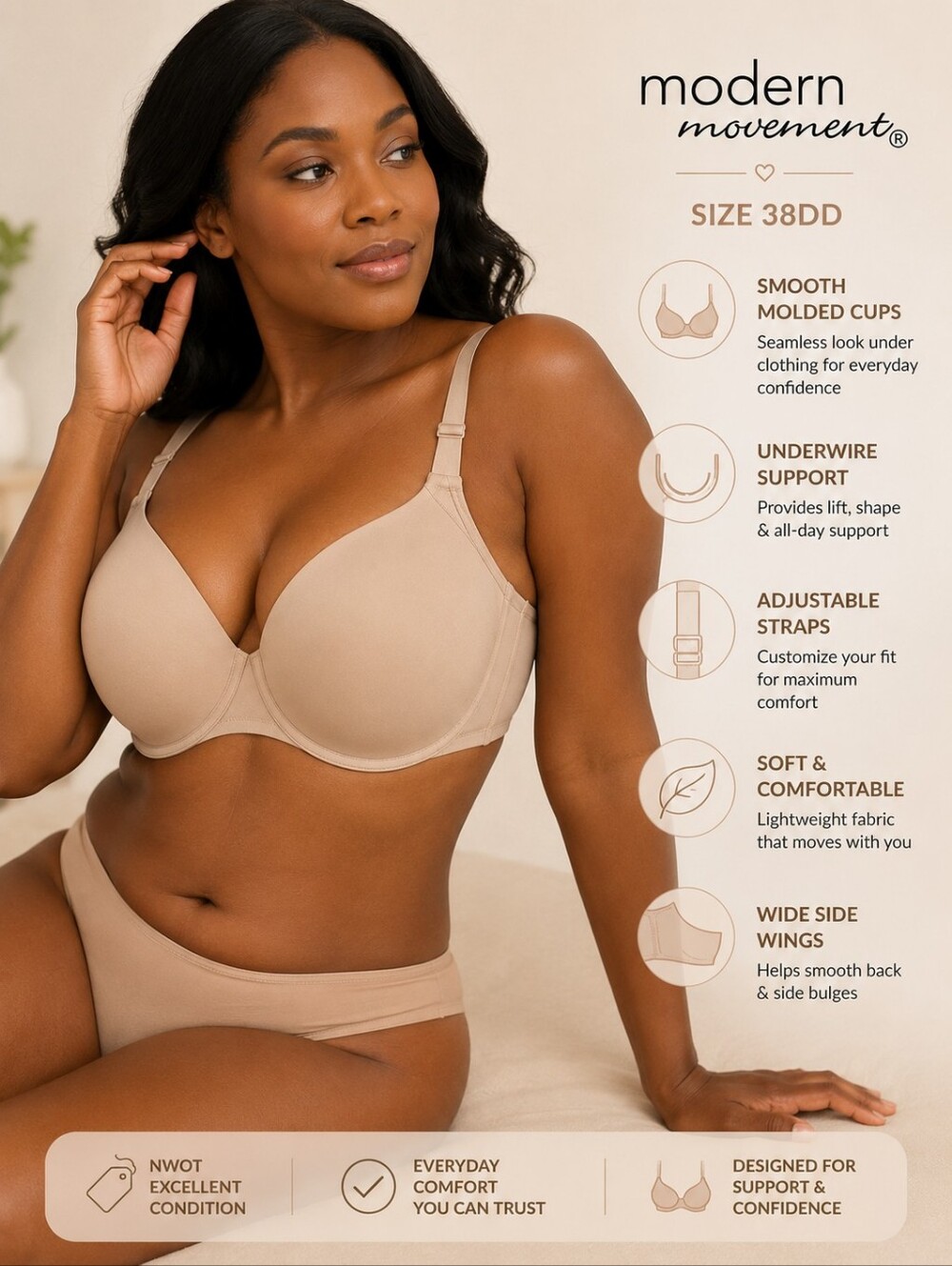 Modern Movement 38DD Nude Seamless Underwire Bra NWOT Full Coverage